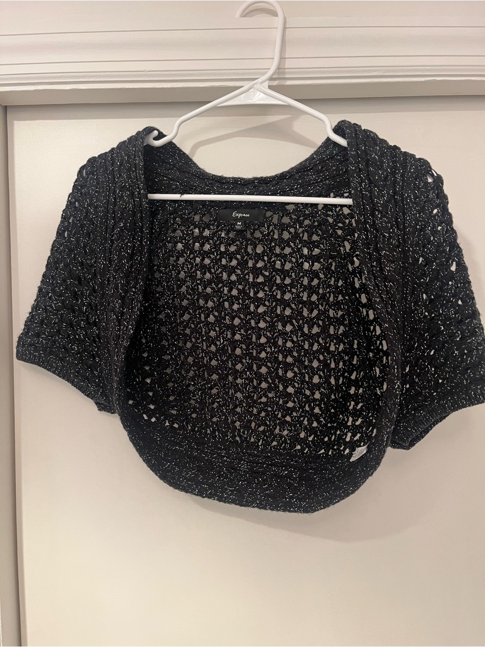 Express Black Open-Knit Sparkly Short Sleeve Shrug Sweater